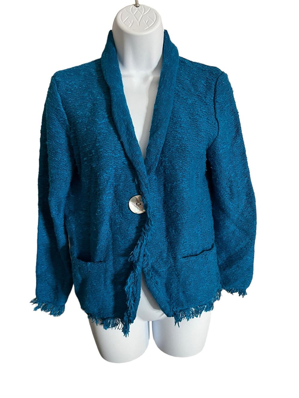 Chico's thick knit turquoise fringe blazer jacket one oyster button size 0 small